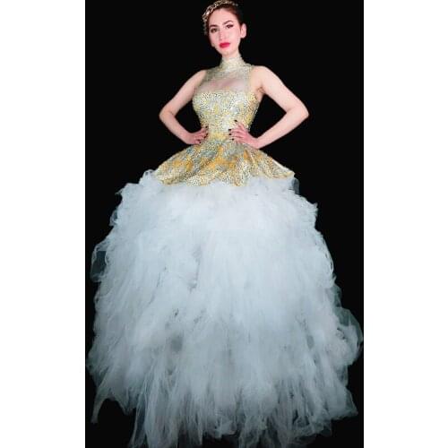 Sparkly Yellow Rhinestones Summer Long Dress Birthday Prom Celebrate Nude White Tail Dresses Woman Party Night Clothing DT538