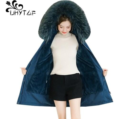 UHYTGF Korean loose 6XL plus size jacket women fashion fur collar down jacket winter coat hooded cold-proof warm women coat 1775