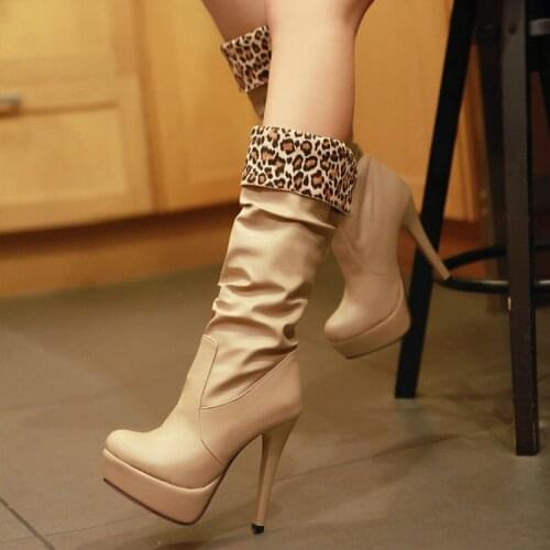Sianie Tianie Soft PU Nude Color Platform Spike 13cm Extra Thin High Heels Pleated Mid-calf Slim Booties Leopard Boots Women