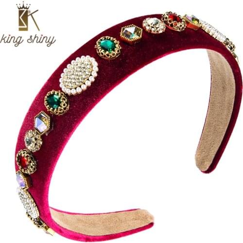 King Shiny Vintage Baroque Multi Color Crystal Headband Elegant Imitation Pearl Beaded Velvet Hairband Girl Party Hair Accessory