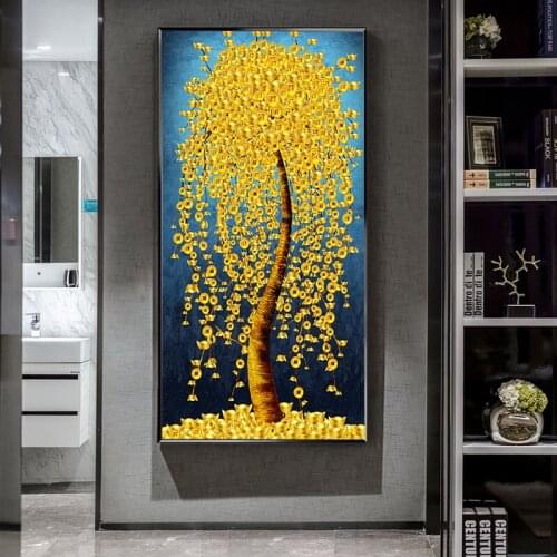 Abstract Golden Leaves And Money Tree Oil Paintings On Canvas Poster Modern Landscape Wall Art Picture Print Home Decoration