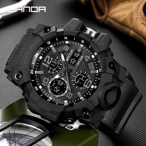 SANDA Luxury Fashion Digital Watch Men Shockproof Waterproof Dual Wristwatch LED Chrono Alarm Clock Mens Quartz Watches New