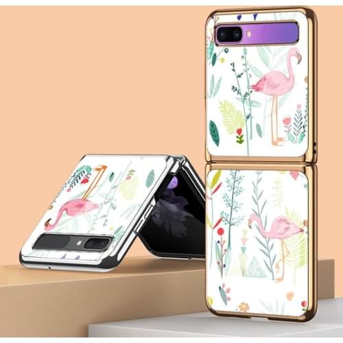 Z Flip Funda Case for Samsung Galaxy Z Flip F7000 5G Cartoon Pink Flamingo Plating Tempered Glass Phone Case Cover Z Flip