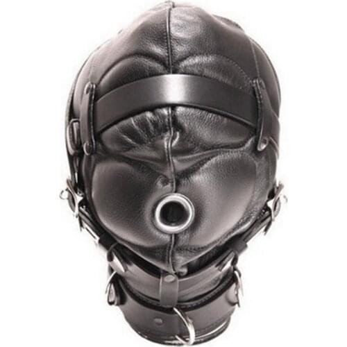 Black Halloween Cosplay Mask Hood PU Leather Bondage BDSM Hood Adjustable Sexy Bondage Restraints Harness Head Mask Blindfold