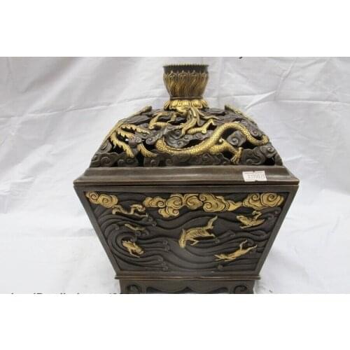 China Pure Bronze 24K Gold Dynasty Dragon Phoenix Kylin incense burner Censer
