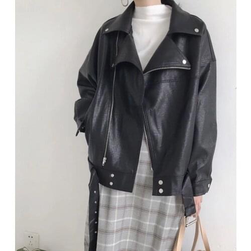 Fashion Loose Washed Fake Leather Jacket Plus Belt Women Oversized Black Turndown Collar Casual Streetwear Punk Biker Outerwear
