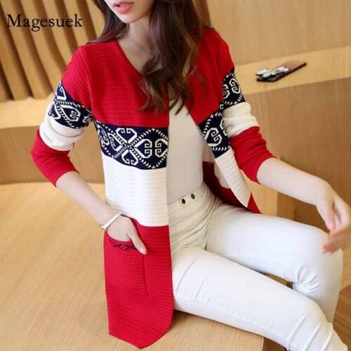 Fashion Cashmere Three Quarter Cardigan Knitting Sweater 2020 Patchwork Printing Winter Slim Womens Long Sweater 7479 50