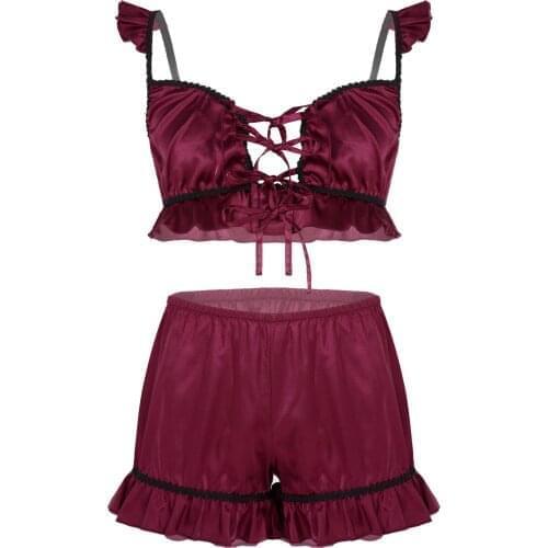 Mens Satin Sissy Lingerie Set Pajama Set Nightwear Sleepwear Lace-up Front Ruffled Bra Tops with Shorts