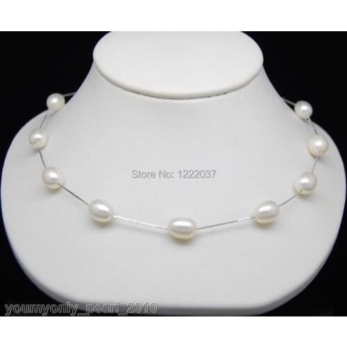 Natural Freshwater cultivation 8-9mm rice shape AAA+ white pearl necklaces 925S sterling silver chain