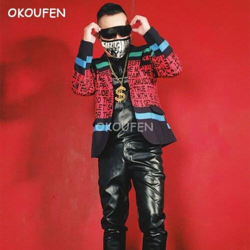 Nightclub Bar Singer DJ DS Personality Mens Stage Suit Letter Print Patchwork Suit Hairdresser Party Performance Costume