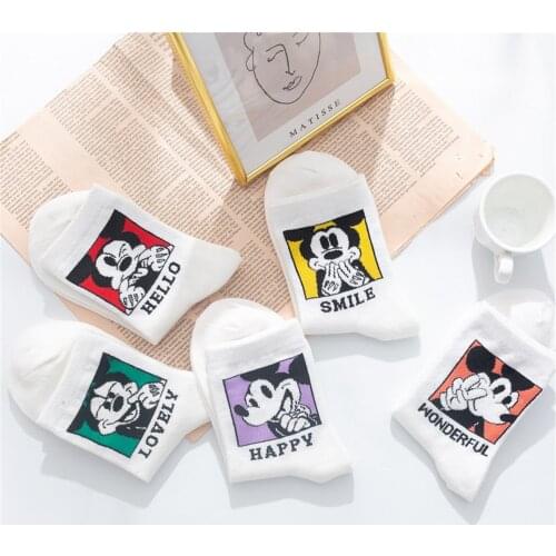 Hot Sale Funny Harajuku Women Casual Cartoon Disney Mickey Mouse Sock Girls Skateboard Sock Gift 5 Pairs