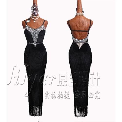 New high-end Latin Dance Competition Performance Wear Performance Wear Flowery Black Velvet Flash Diamond High Fork