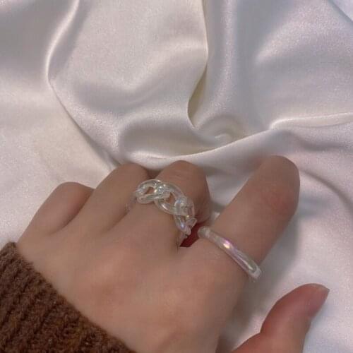 2021 New Korean 2 pcs Individual Retro Color Resin Plastic Geometric Chain Rings For Women Party Jewelry Ins Resin Chian Rings
