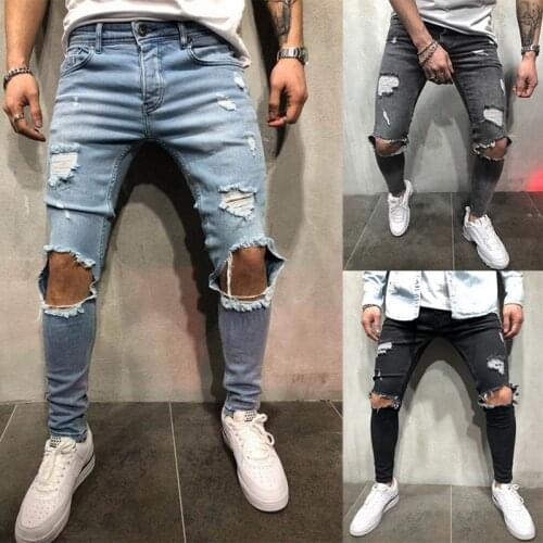 New Men Ripped holes jeans Casual Black Blue Skinny slim Fit Denim Pants Biker Hip Hop Jeans with sexy Holel Denim Pants