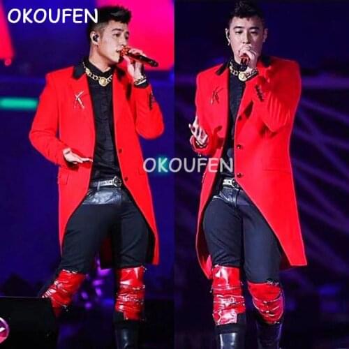 New Fashion Star style Man Long Irregular Suit Jacket Nightclub bar Male singer DJ DS Red Coat Christmas EVE New Year Costumes