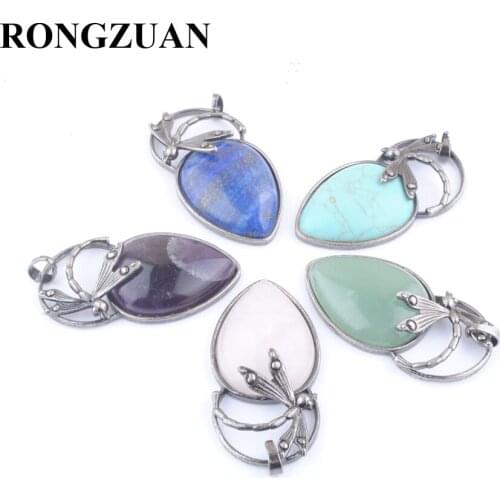 Wholesale 5Pcs/lot Natural Gem Stone Bead Water Drop Pendant Cute Dragonfly Bronze Ancient Silvers Jewelry Dangle Charms TBN416