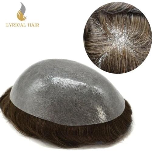 Durable Thin Skin Human Hair Mens Toupee Hairpieces Full Poly Transparent PU Hair Replacement Systems Easy to Wear Wigs for Men
