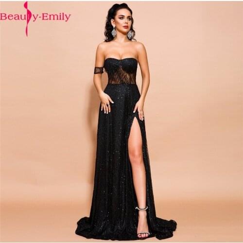 Sexy Strapless Sleeveless Sequined Evening Dresses Long Charming Zipper Back Black Lace Party Dress with High Split Real Photo