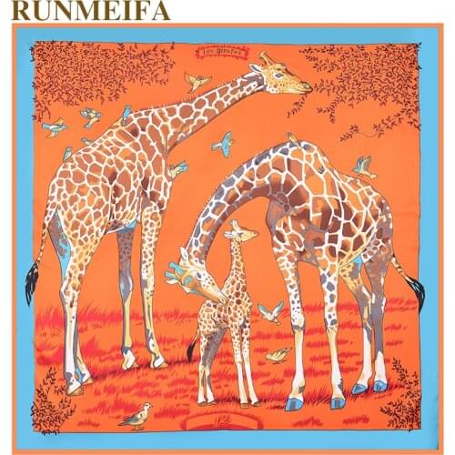 100%twill silk square scarf Printed Cartoon animal giraffe shawl for ladies accessories scarfs Big Bufandas vogue foulard femmer