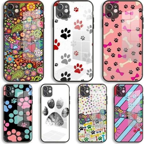 Dog bones and paws Soft Glass Silicone Case For iPhone 12 11 Pro X XS Max XR 8 7 6 Plus SE 2020 S Mini Balck Cover