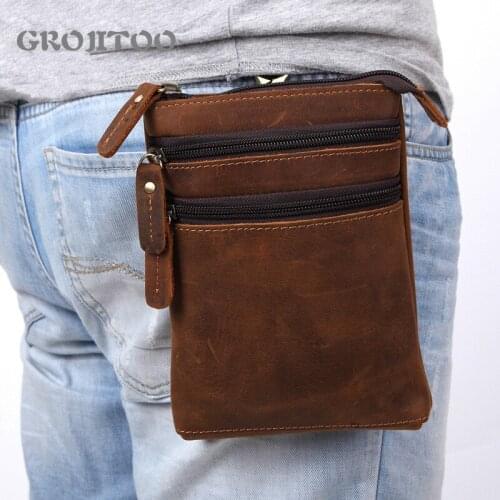 GROJITOO Handmade small shoulder bag mens genuine leather messenger bag multi-functional wearable belt small waist bag