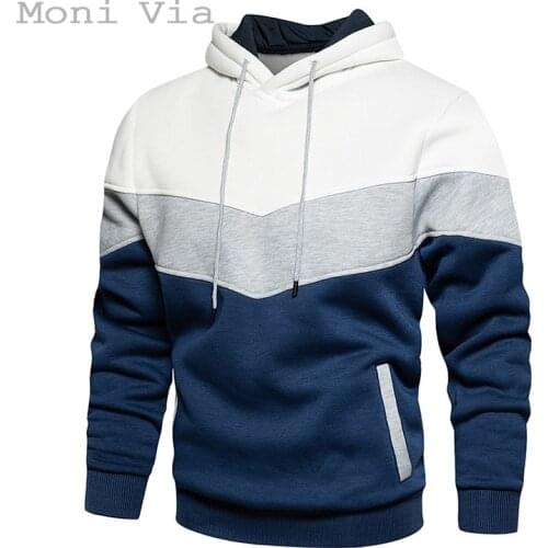 Mens Patchwork Hoodie Long-Sleeve Casual Slim Warm Sweatshirt For Men Autumn Winter Fashion Streetwear Male Sports Clothing