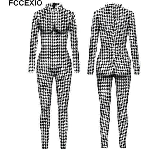 FCCEXIO Streetwear White Grid Sexy Bodycon Fashion Jumpsuit Women Overall 2021 Long Sleeve Skinny Rompers Womens Jumpsuit Female