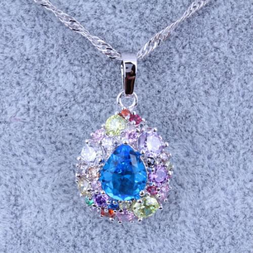 Love Monologue Gorgeous Multi Gem Blue Sky Cubic Zirconia Teardrop Shape Silver Color Necklace Pendants X0381 Fast Shipping