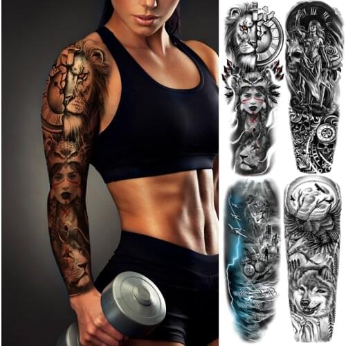 Sleeve full arm waterproof temporary tattoos large body art fake tattoo for woman men lion tattoo tiger skull god king wolf big