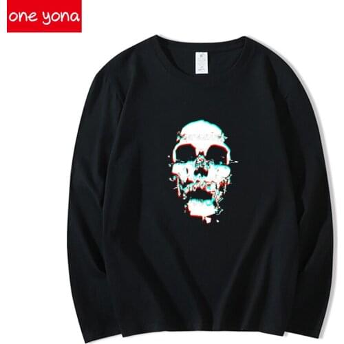 Fashion Street Skull Flower Pattern Long-Sleeved T-Shirt Women Casual Loose O-Neck Shirt T-Shirt