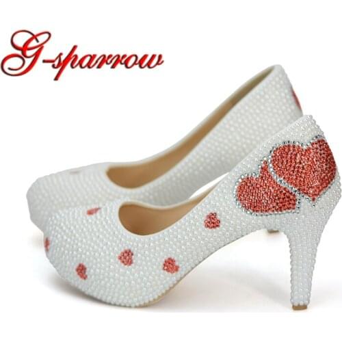 White Pearl with Red Rhinestone Women Wedding Shoes Round Toe 8cm Middle Heel Adult Ceremony Pumps Customized Bridesmaid Shoes