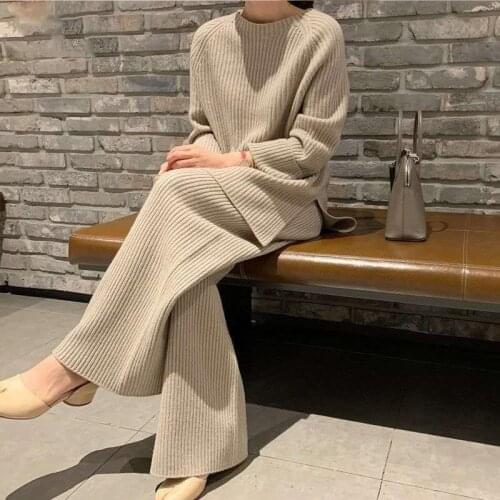2021 2 Pieces Set Women Knitted Tracksuit O neck Sweater + Carrot Jogging Pants Pullover Sweater Set CHIC Knitted Outwear
