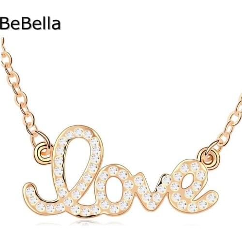 BeBella Love letter pendant necklace for women with Czech crystals gold color plated fashion jewelry for lover mother gift