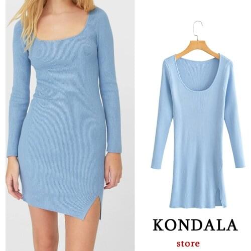 KONDALA Za Fashion 2021 Women Dress Knitting Cotton Square Collar Sheath Sweater Dress Long Sleeve Spring Mid-Calf Vestidos