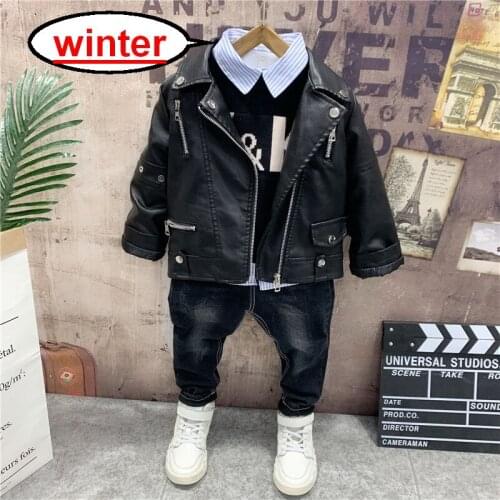 Winter Childrens clothing set Boy Faux Leather Coat+Knit Vest+Shirts+Jeans 4pcs Boys Set Childrens Suits 2-6years