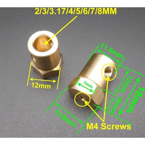 100Pcs 12MM Hex Brass Shaft Motor Coupling Coupler 2MM 3MM 3.17MM 4MM 5MM 6MM 7MM 8MM L= 18MM For Wheel Tyre DC Motor *FD895-902