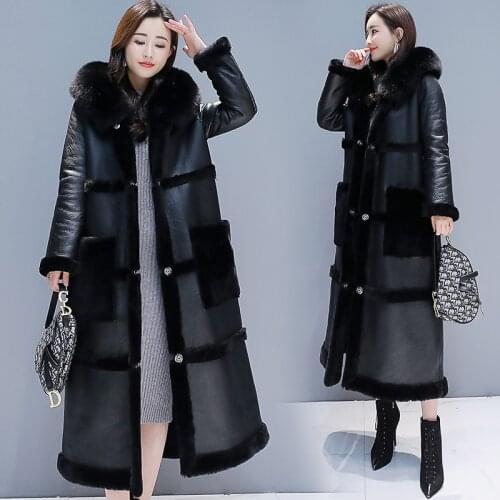 2019 Winter High -Quality Women Hooded Jacket Long Lamb Warm Wool Coat Big Fur Collar Female Thicker Jackets Outerwear M181