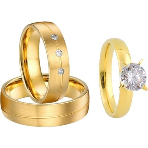 High Quality 14k Gold Plated Accessories Jewelry Ring 3pcs Lovers Alliance Wedding Engagement Rings Set for Men And Women