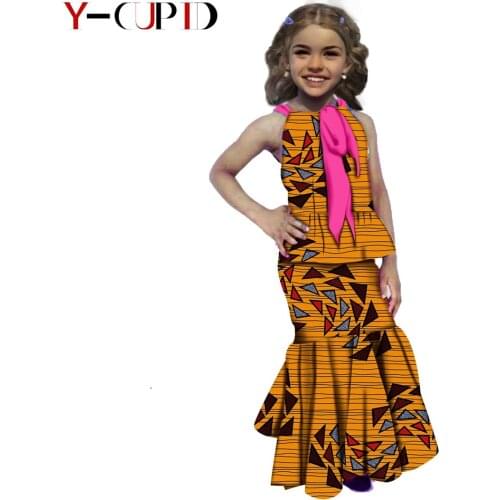 African Clothes for Kids Bazin Riche Girls Print Sleeveless Top and Mermaid Skirt Sets Bazin Riche Children Outfits YS1940009