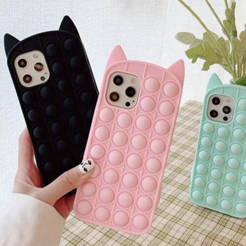 ASINA Fidget Toy Case for iphone11 12 Pro Max Push Pop Bubble Silicone Rubber Phone Case for iPhone 7 8 Plus X XS Max Cat ears