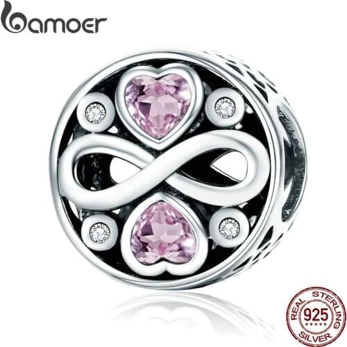 BAMOER Authentic 100% 925 Sterling Silver Infinity Love Pink Heart Crystal Beads Fit Charm Bracelets Fine Jewelry S925 SCC240