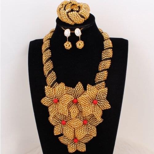 Dudo Store Dubai Necklace Sets For Women Gold Handmade Beaded Flowers African Bridal Jewelry