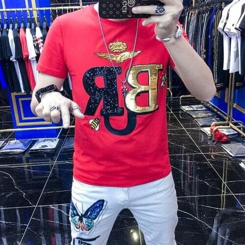 Luxury Exquisite Bright Bees Hot Drilling Letters Personality Bodybuilding Summer O-Neck T-Shirt Mens 100% Cotton Short Sleeves