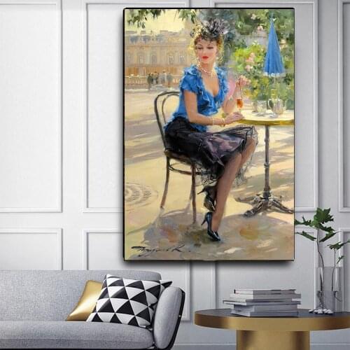 Holover Canvas Oil painting Konstantin Razumov"Fashionable lady wearing blue short"Realism Aesthetic Poster Wall Home Decoration