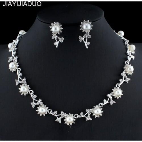 Jiayijiadu Classic imitation pearl silver color necklace earrings wedding jewelry set for fashion girl bridesmaid dress accessor