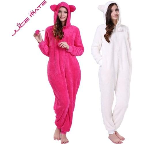 JuiceMate Plus Size Fluffy Fleece Hooded Onesie Jumpsuit Overall Pyjama Set With Animal Ears Winter Warm Pajama Onesie For Women