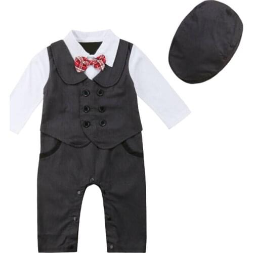 Newborn Baby Boys Gentleman Formal Suit Romper Jumpsuit Hat Outfit Clothes Long Sleeve Autumn Spring