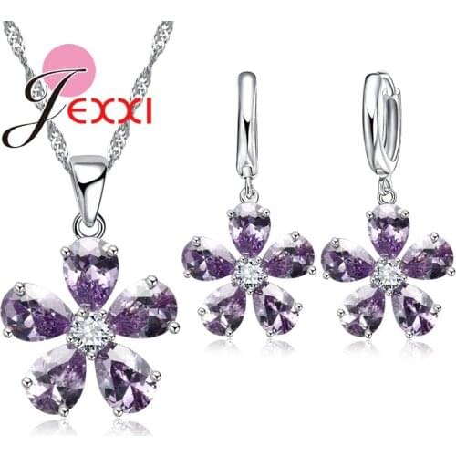 Wedding Jewelry Sets Sterling Silver AAA Zirconia Flower Pendant Neckalce Earrings Women Party Jewelry Set 5 Colors