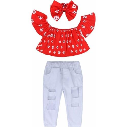 2021 New 3pcs Suit Girls Clothes Summer Baby Off Shoulder Tops +Jeans + Headband Clothing Set robe For 2 -7 Years