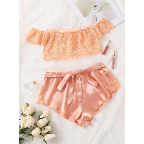 Women Sexy Lingerie Set, Off Shoulder Floral Lace Bra and Bow Tie Shorts Set Nightwear Woman Underwear Pajama Sets